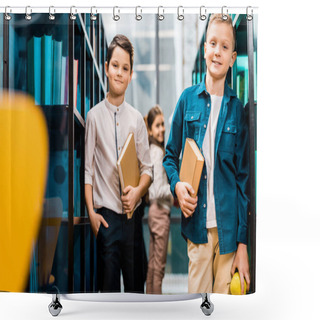 Personality  Adorable Schoolchildren Holding Books And Smiling At Camera In Library  Shower Curtains