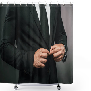 Personality  Cropped View Of African American Businessman In Suit Fixing Button On Dark Background Shower Curtains