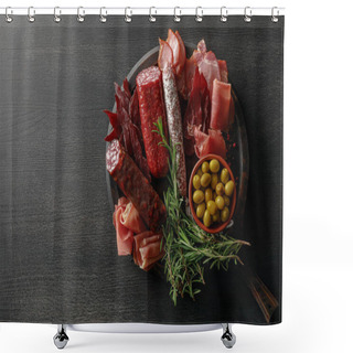 Personality  Top View Of Delicious Meat Platter Served With Olives And Herbs On Wooden Black Table Shower Curtains