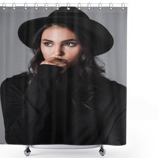 Personality  Young Model In Black Fedora Hat And Turtleneck Looking Away Isolated On Grey Shower Curtains