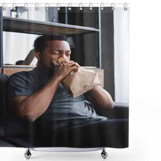 Personality  Worried African American Man Breathing With Paper Bag While Having Panic Attack At Home Shower Curtains