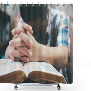 Personality  Man Praying, Hands Clasped Together On Her Bible.  Shower Curtains