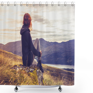 Personality  Woman Admiring Sunset From Mountain Top Shower Curtains