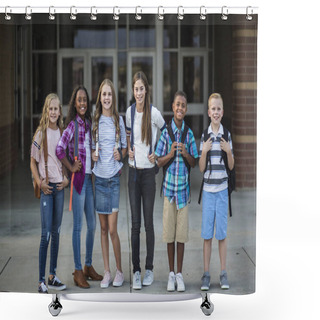 Personality  Large Group Portrait Of Pre-adolescent School Kids Smiling In Front Of The School Building. Back To School Photo Of A Diverse Group Of Children Wearing Backpacks And Ready To Go To School Shower Curtains