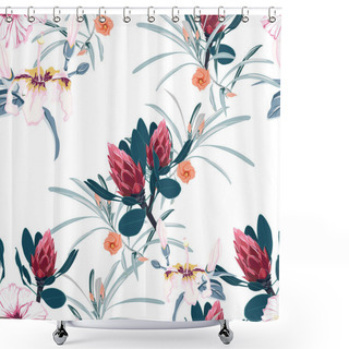 Personality  Seamless Tropical Flower Pattern Background. Tropical Protea Flowers, Jungle Leaves, On Light Background. Exotic Print. Vintage Motives. Shower Curtains