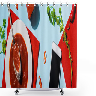Personality  Top View Of Ketchup With Chili Pepper And Cilantro Beside Smartphone With Blank Screen On Blue Surface, Panoramic Shot Shower Curtains