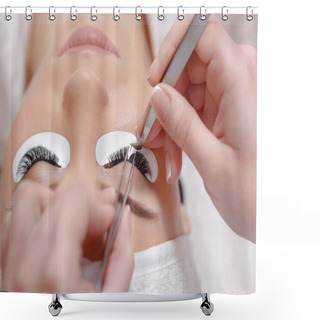 Personality  Eyelash Extension Procedure. Woman Eye With Long Eyelashes Shower Curtains