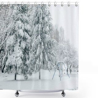 Personality  Child Swing Set Dusted With Snow In A Snow Covered Parkland During Winter Shower Curtains