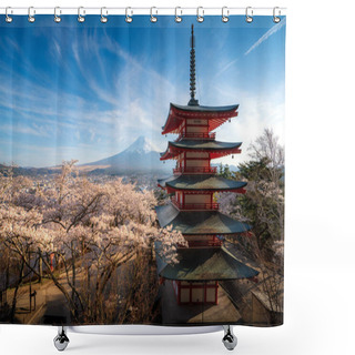 Personality  Fujiyoshida, Japan At Chureito Pagoda And Mt. Fuji In The Spring Shower Curtains