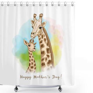 Personality  Background With Giraffe Family. Vector Illustration. Shower Curtains