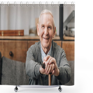 Personality  Cheerful Pensioner Smiling And Holding Walking Cane At Home  Shower Curtains