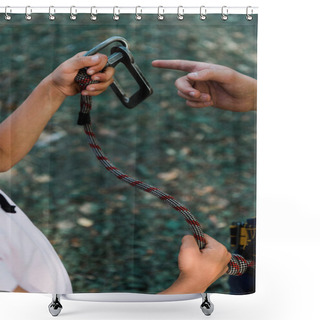 Personality  Cropped View Of Kid Pointing With Finger At Safety Equipment  Shower Curtains