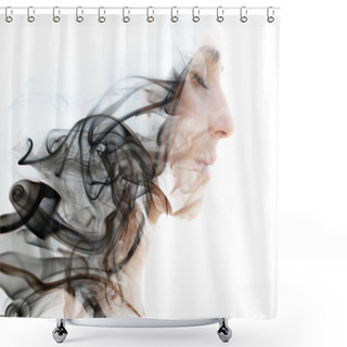 Personality  Double Exposure Photograph Of A Young Woman Combined With An Image Of The Smoke Shower Curtains