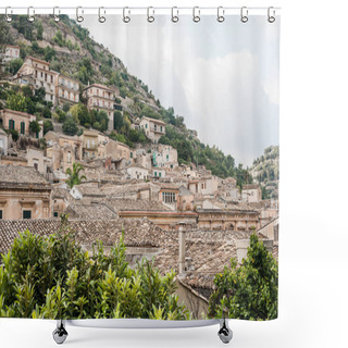 Personality  Small Houses On Hill Near Green Plants In Modica, Italy  Shower Curtains