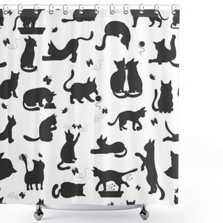Personality  Cartoon Cat Characters Seamless Pattern. Different Cat`s Poses,  Shower Curtains