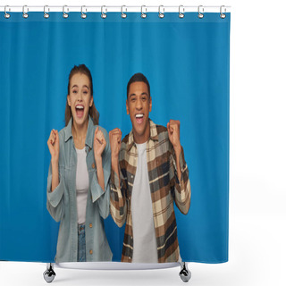 Personality  Excited Interracial Couple Screaming From Joy Looking At Camera On Blue Backdrop, Emotional Reaction Shower Curtains