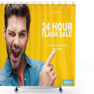 Personality  Handsome Man Pointing With Finger At 24 Hour Flash Sale Illustration And Winking Isolated On Yellow, Online Shopping Concept Shower Curtains