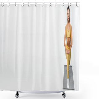 Personality  Woman In Fitness Clothes Training On Fitness Mat On White Background, Banner, Exercise Concept Shower Curtains