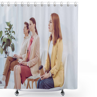 Personality  Beautiful Employee Sitting With Paper Cup Near Man And Woman Holding Gadgets  Shower Curtains