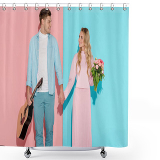 Personality  Couple With Acoustic Guitar And Flower Bouquet Holding Hands And Looking At Each Other On Pink And Blue Background Shower Curtains