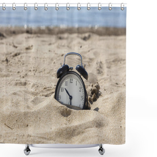 Personality  Alarm Clock In Sand And Sea Background. Summer Vacation Time Concept. Shower Curtains