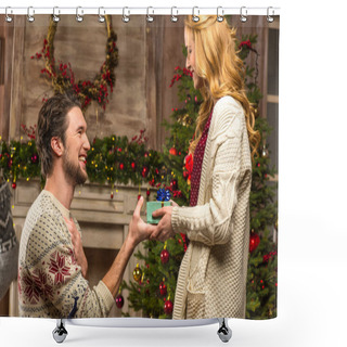Personality  Man Presenting Gift Box To Woman Shower Curtains