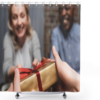 Personality  Cropped View Of Woman Giving Present To Multicultural Friends During Dinner  Shower Curtains