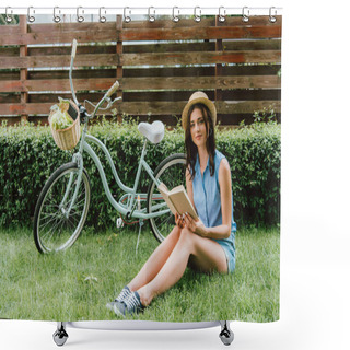 Personality  Happy Girl In Straw Hat Holding Book And Sitting On Grass Near Bicycle Shower Curtains