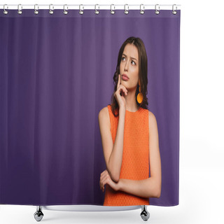 Personality  Thoughtful Girl Looking Away While Touching Face On Purple Background Shower Curtains
