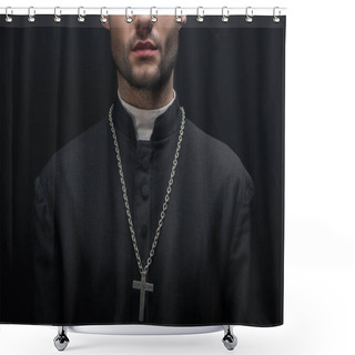 Personality  Partial View Of Catholic Priest With Silver Cross On Necklace Isolated On Black Shower Curtains