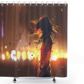 Personality  Woman With Cracked Effect On Her Body Against Defocused Lights Shower Curtains
