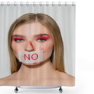 Personality  Woman With Blood On Face And Card With Lettering No On Lips Isolated On Grey  Shower Curtains