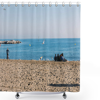 Personality  BARCELONA, SPAIN - DECEMBER 28, 2018: Scenic View Of Sea And People Sitting On Beach  Shower Curtains