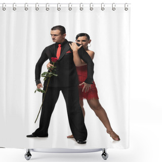 Personality  Sensual, Beautiful Dancer Hugging Partner Holding Red Rose While Performing Tango On White Background Shower Curtains