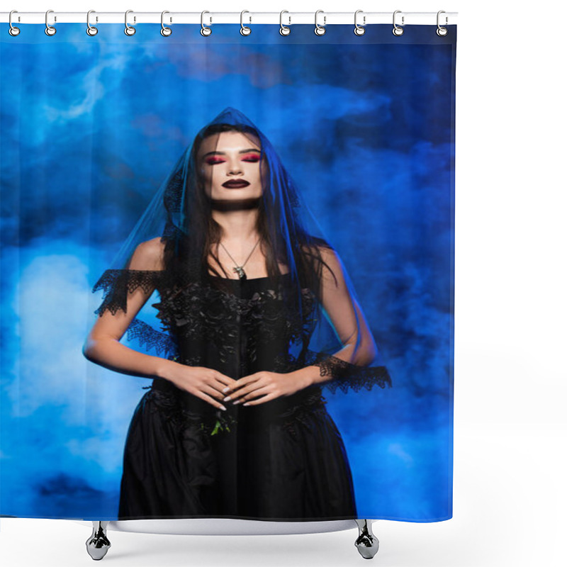 Personality  woman with closed eyes in black dress and veil on blue with smoke, halloween concept shower curtains