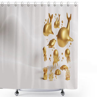 Personality  World Oceans Day Landing Page Template With Gold Sea Creatures 3D Rendering Shower Curtains