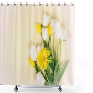 Personality  Flowers Background. Bouquet Of Beautiful White And Yellow Tulips On A Pale Yellow Background.Top View. Copy Space Shower Curtains