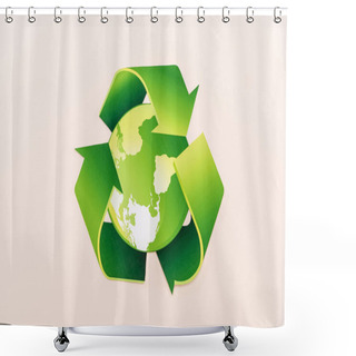 Personality  Top View Of Green Recycling Symbol With Planet Isolated On Beige Shower Curtains
