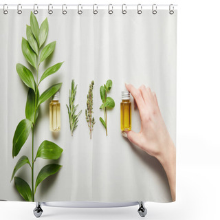 Personality  Partial View Of Woman Holding Bottle With Essential Oil On White Background Shower Curtains