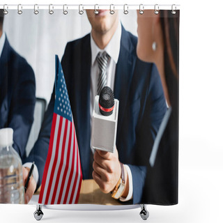 Personality  Cropped View Of Correspondent With Microphone Interviewing Politician During Party Congress, Blurred Foreground Shower Curtains