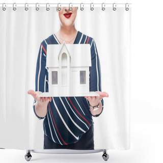 Personality  Cropped Image Of Female Realtor Showing Maquette Of House Isolated On White Background Shower Curtains