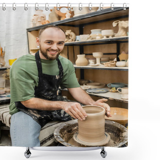 Personality  Smiling Bearded Artisan In Apron Looking At Camera And Shaping Clay Vase On Pottery Wheel In Studio Shower Curtains