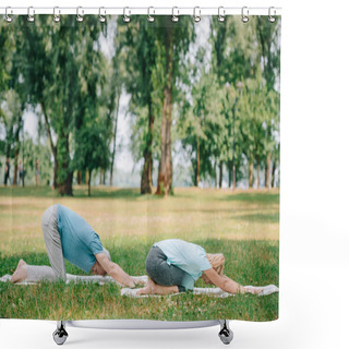 Personality  Mature Man And Woman Practicing Relaxation Yoga Poses On Yoga Mats On Lawn Shower Curtains