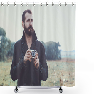 Personality  Man Holding Retro Camera Shower Curtains