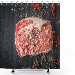 Personality  Piece Of Ribeye Steak Marble, Peppercorn And Salt On A Slate Blu Shower Curtains