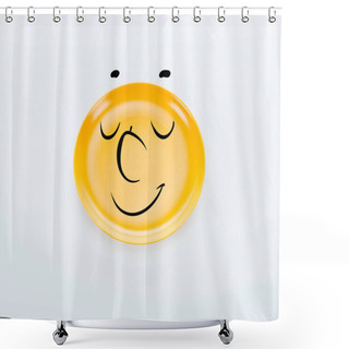 Personality  Top View Of Shiny Yellow Plate With Pleased Smiley On White Background Shower Curtains
