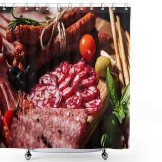 Personality  Close Up View Of Delicious Smoked Sausages And Sliced Salami With Vegetables On Wooden Cutting Board Shower Curtains