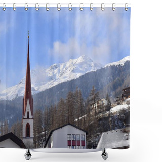 Personality  Solden, Tyrol, Austria - January 27 2023: Beautiful Pfarrkirche Church In Soelden Alpine Ski Resort. Traditional Austrian Mountain Village During The Peak Ski Season In The Winter Months, Otztal Valley Shower Curtains