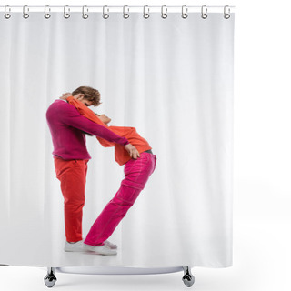 Personality  Side View Of Multiethnic Couple In Magenta Color Clothes Showing D Letter On White Background  Shower Curtains