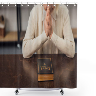 Personality  Cropped View Of Senior Woman Sitting And Praying In Front Of Holy Bible At Home Shower Curtains